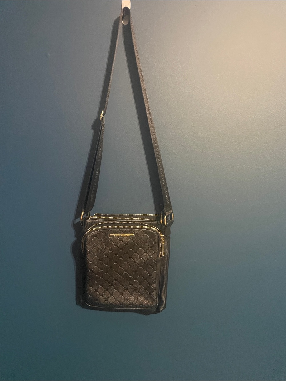 Steve Madden Black Quilted Crossbody Messenger Bag with Gold Hardware